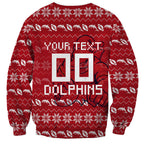 Personalized Dolphins Christmas Sweatshirt Australian Rugby Fans - Pixelated Ugly Xmas Pattern Mascot Santa