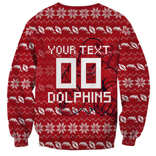 Personalized Dolphins Christmas Sweatshirt Australian Rugby Fans - Pixelated Ugly Xmas Pattern Mascot Santa