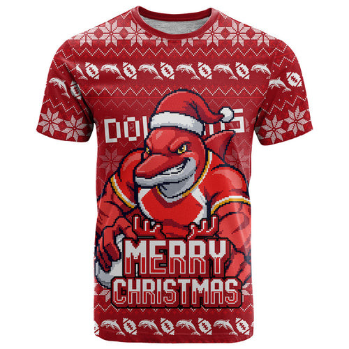 Personalized Dolphins Christmas T Shirt Australian Rugby Fans - Pixelated Ugly Xmas Pattern Mascot Santa