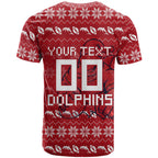 Personalized Dolphins Christmas T Shirt Australian Rugby Fans - Pixelated Ugly Xmas Pattern Mascot Santa