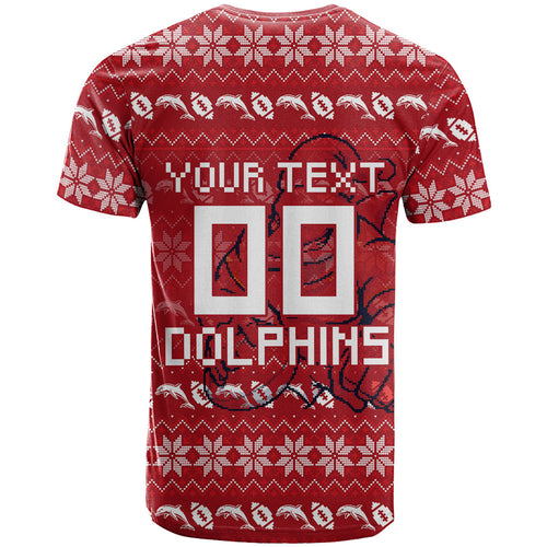 Personalized Dolphins Christmas T Shirt Australian Rugby Fans - Pixelated Ugly Xmas Pattern Mascot Santa
