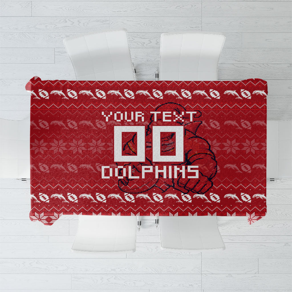Personalized Dolphins Christmas Tablecloth Australian Rugby Fans - Pixelated Ugly Xmas Pattern Mascot Santa