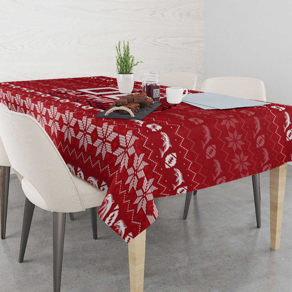 Personalized Dolphins Christmas Tablecloth Australian Rugby Fans - Pixelated Ugly Xmas Pattern Mascot Santa
