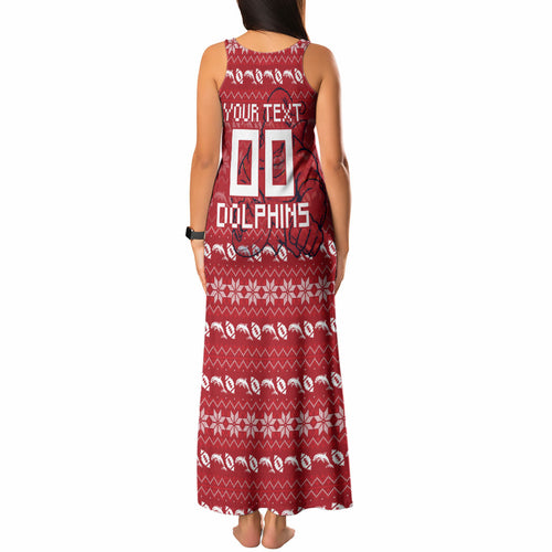 Personalized Dolphins Christmas Tank Maxi Dress Australian Rugby Fans - Pixelated Ugly Xmas Pattern Mascot Santa
