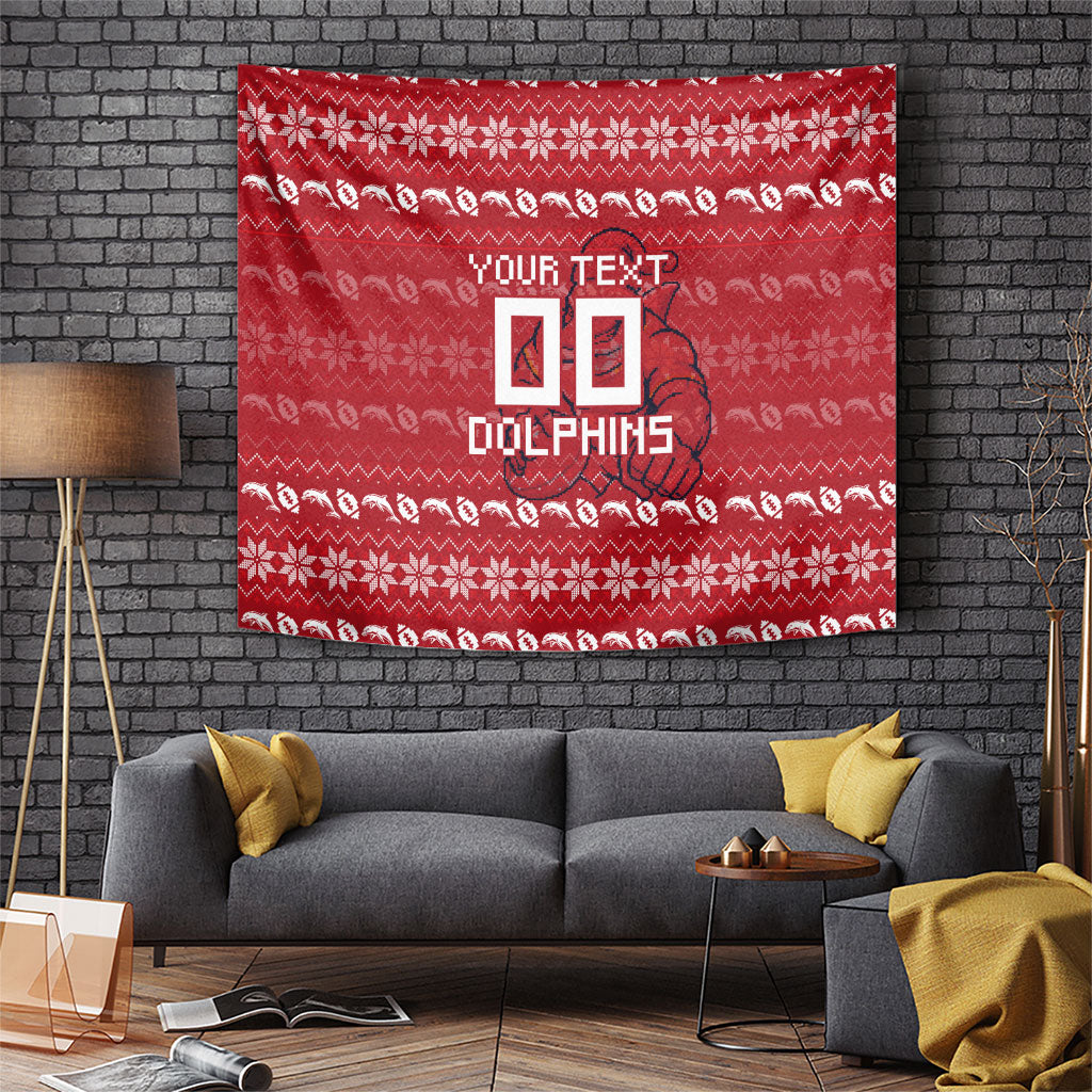 Personalized Dolphins Christmas Tapestry Australian Rugby Fans - Pixelated Ugly Xmas Pattern Mascot Santa