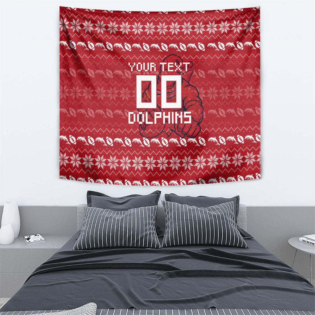 Personalized Dolphins Christmas Tapestry Australian Rugby Fans - Pixelated Ugly Xmas Pattern Mascot Santa