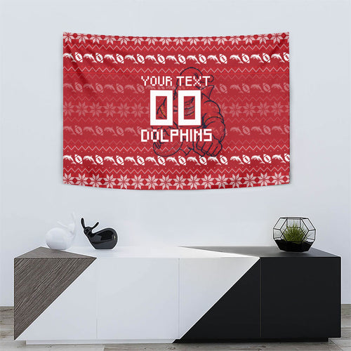 Personalized Dolphins Christmas Tapestry Australian Rugby Fans - Pixelated Ugly Xmas Pattern Mascot Santa