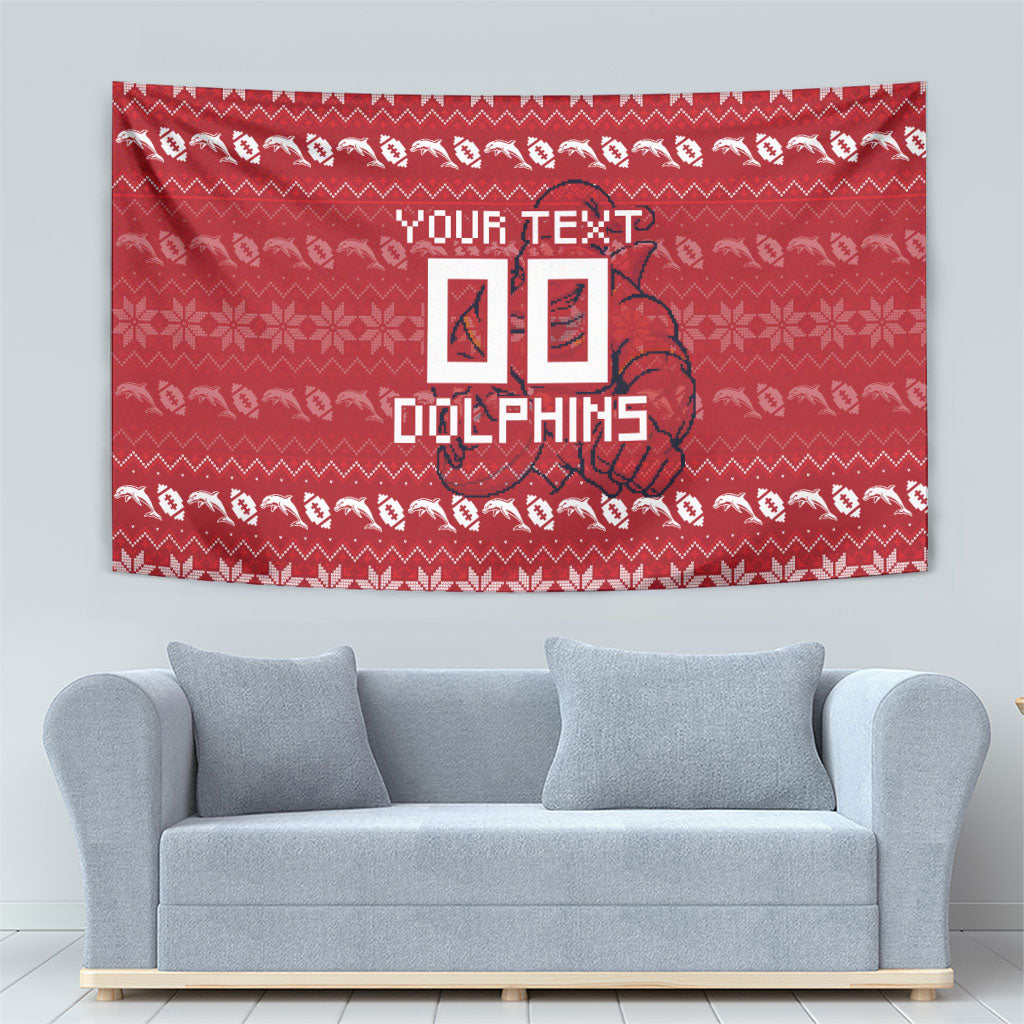 Personalized Dolphins Christmas Tapestry Australian Rugby Fans - Pixelated Ugly Xmas Pattern Mascot Santa