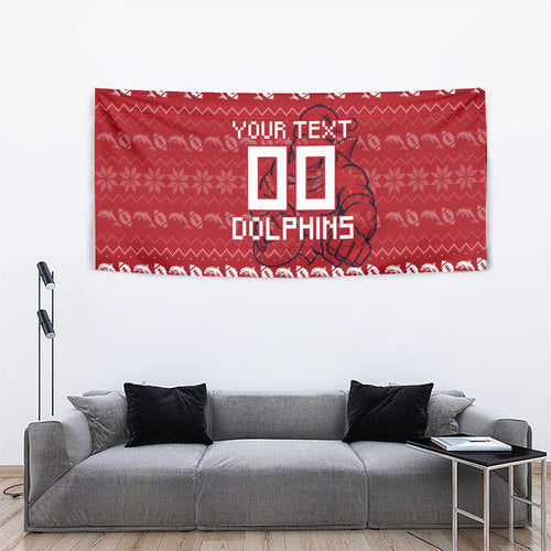 Personalized Dolphins Christmas Tapestry Australian Rugby Fans - Pixelated Ugly Xmas Pattern Mascot Santa