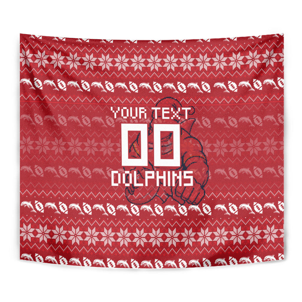 Personalized Dolphins Christmas Tapestry Australian Rugby Fans - Pixelated Ugly Xmas Pattern Mascot Santa