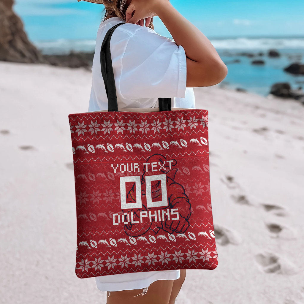 Personalized Dolphins Christmas Tote Bag Australian Rugby Fans - Pixelated Ugly Xmas Pattern Mascot Santa