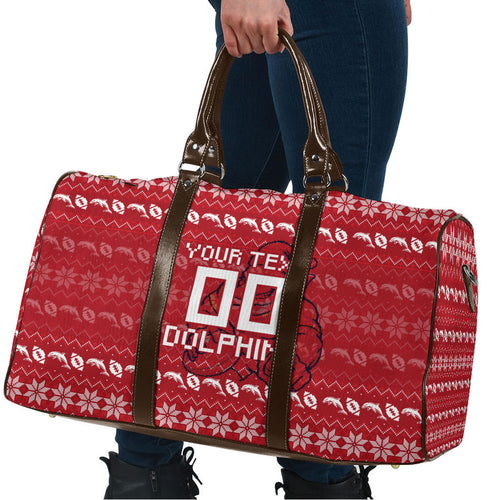 Personalized Dolphins Christmas Travel Bag Australian Rugby Fans - Pixelated Ugly Xmas Pattern Mascot Santa