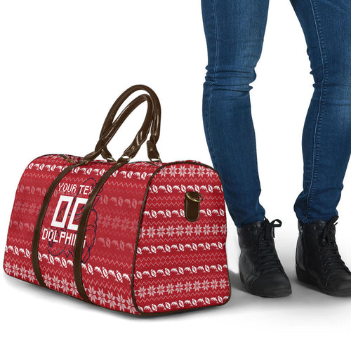Personalized Dolphins Christmas Travel Bag Australian Rugby Fans - Pixelated Ugly Xmas Pattern Mascot Santa