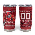 Personalized Dolphins Christmas Tumbler Cup Australian Rugby Fans - Pixelated Ugly Xmas Pattern Mascot Santa