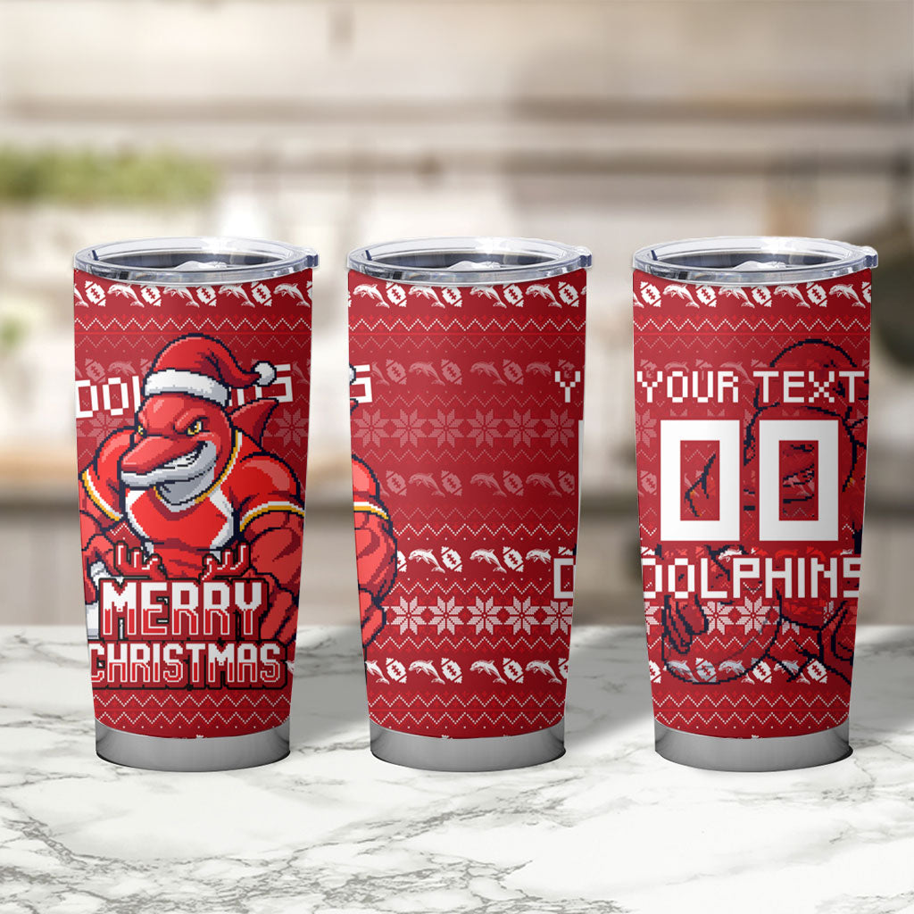 Personalized Dolphins Christmas Tumbler Cup Australian Rugby Fans - Pixelated Ugly Xmas Pattern Mascot Santa