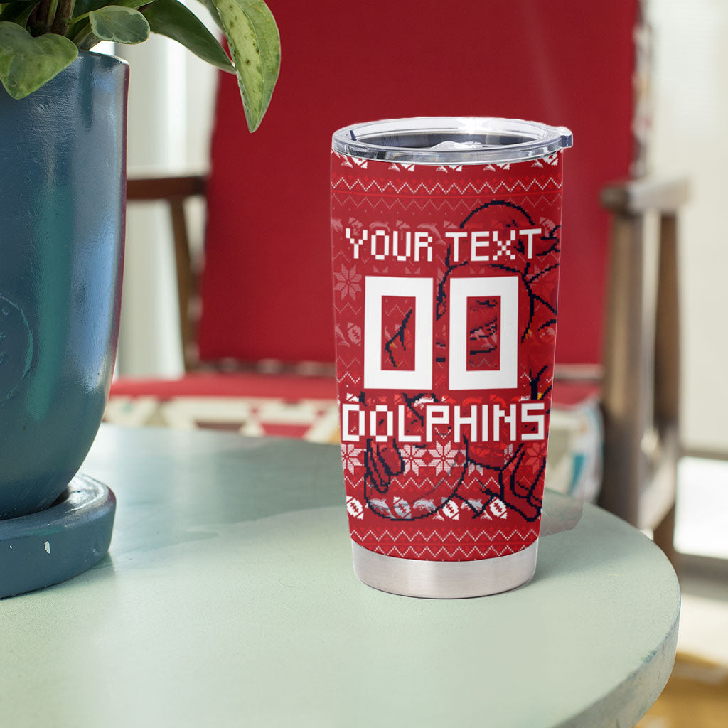 Personalized Dolphins Christmas Tumbler Cup Australian Rugby Fans - Pixelated Ugly Xmas Pattern Mascot Santa