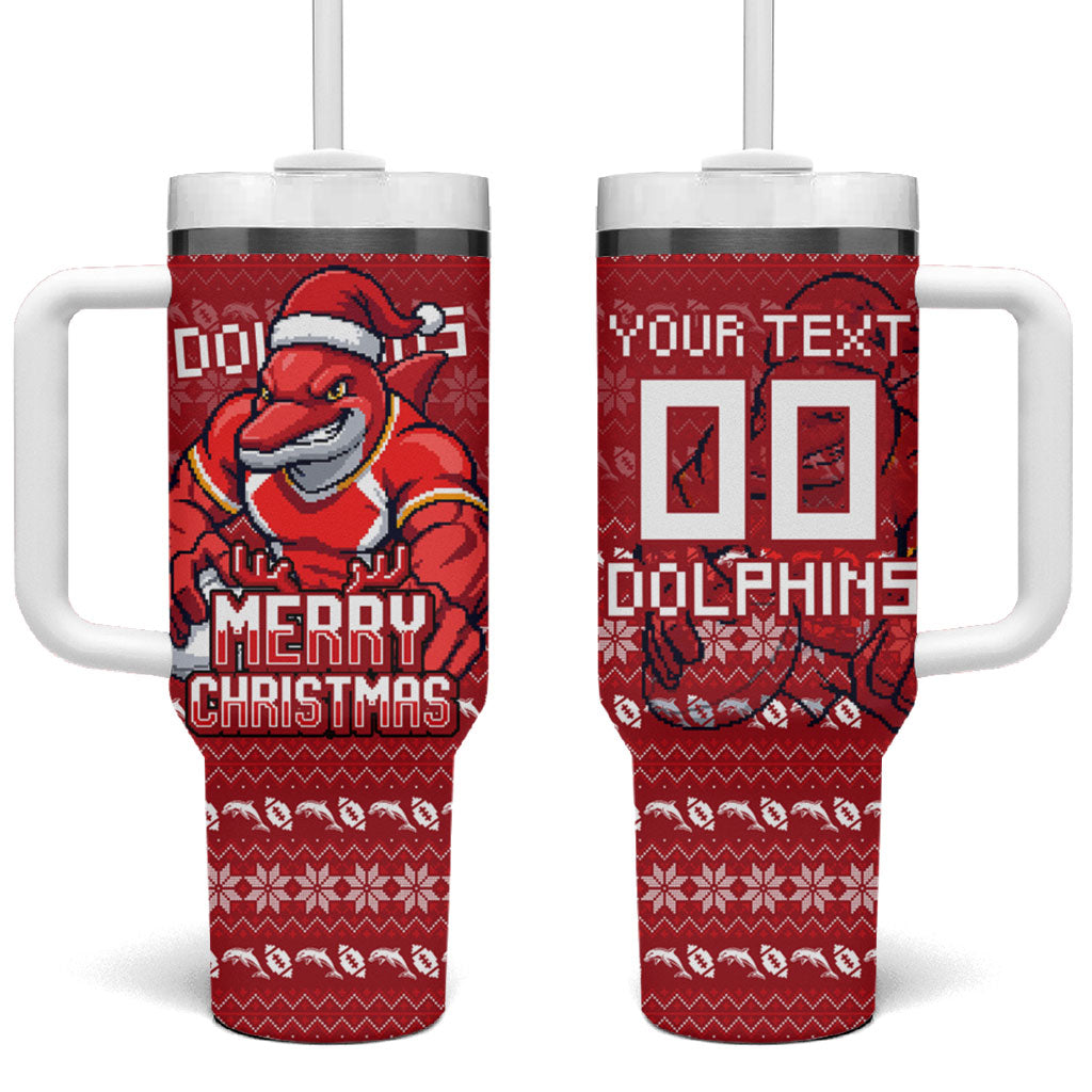 Personalized Dolphins Christmas Tumbler With Handle Australian Rugby Fans - Pixelated Ugly Xmas Pattern Mascot Santa