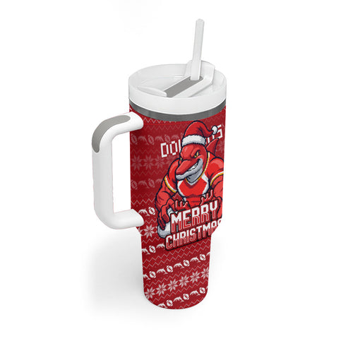 Personalized Dolphins Christmas Tumbler With Handle Australian Rugby Fans - Pixelated Ugly Xmas Pattern Mascot Santa