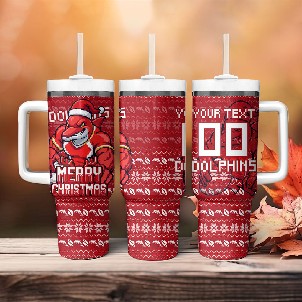 Personalized Dolphins Christmas Tumbler With Handle Australian Rugby Fans - Pixelated Ugly Xmas Pattern Mascot Santa