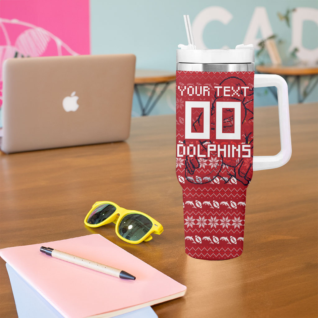Personalized Dolphins Christmas Tumbler With Handle Australian Rugby Fans - Pixelated Ugly Xmas Pattern Mascot Santa