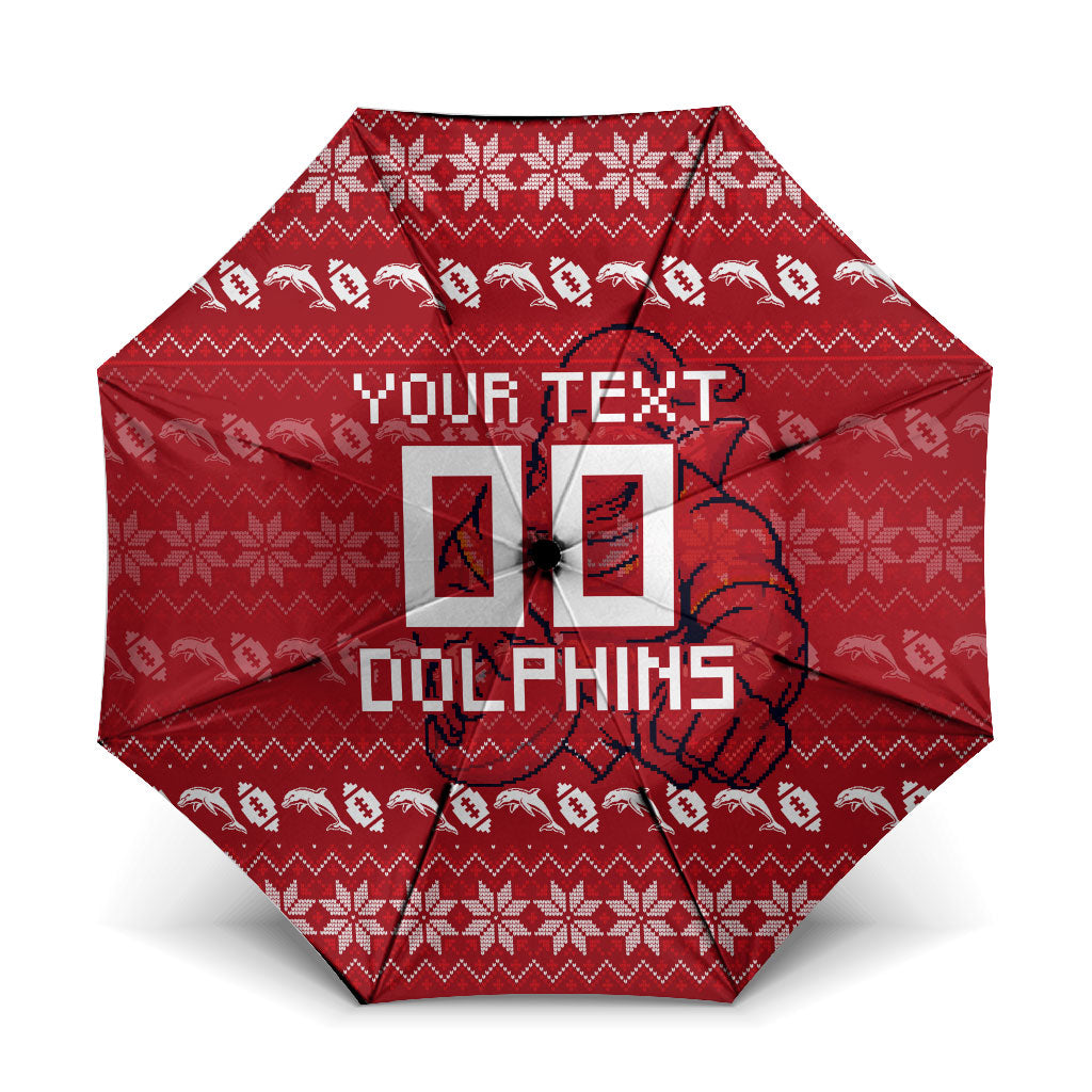 Personalized Dolphins Christmas Umbrella Australian Rugby Fans - Pixelated Ugly Xmas Pattern Mascot Santa