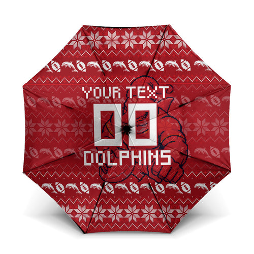 Personalized Dolphins Christmas Umbrella Australian Rugby Fans - Pixelated Ugly Xmas Pattern Mascot Santa