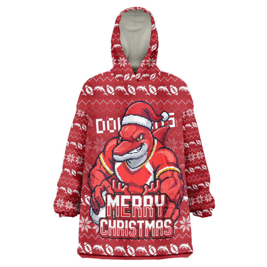 Personalized Dolphins Christmas Wearable Blanket Hoodie Australian Rugby Fans - Pixelated Ugly Xmas Pattern Mascot Santa