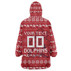 Personalized Dolphins Christmas Wearable Blanket Hoodie Australian Rugby Fans - Pixelated Ugly Xmas Pattern Mascot Santa