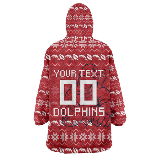 Personalized Dolphins Christmas Wearable Blanket Hoodie Australian Rugby Fans - Pixelated Ugly Xmas Pattern Mascot Santa