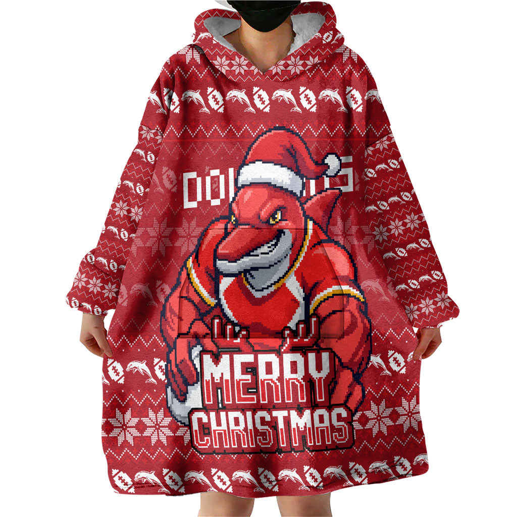 Personalized Dolphins Christmas Wearable Blanket Hoodie Australian Rugby Fans - Pixelated Ugly Xmas Pattern Mascot Santa