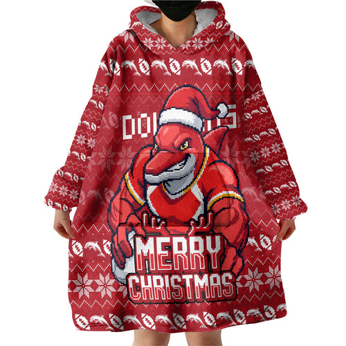 Personalized Dolphins Christmas Wearable Blanket Hoodie Australian Rugby Fans - Pixelated Ugly Xmas Pattern Mascot Santa
