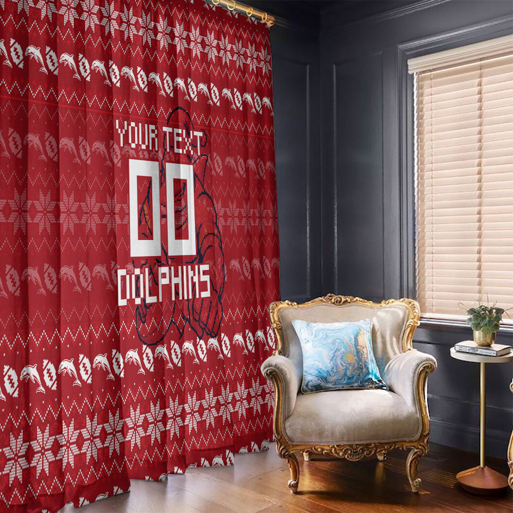 Personalized Dolphins Christmas Window Curtain Australian Rugby Fans - Pixelated Ugly Xmas Pattern Mascot Santa
