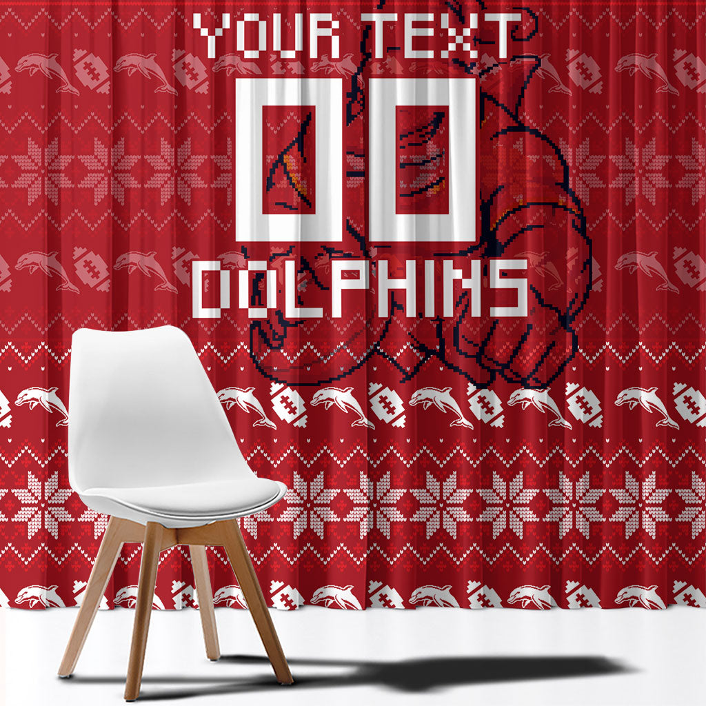 Personalized Dolphins Christmas Window Curtain Australian Rugby Fans - Pixelated Ugly Xmas Pattern Mascot Santa