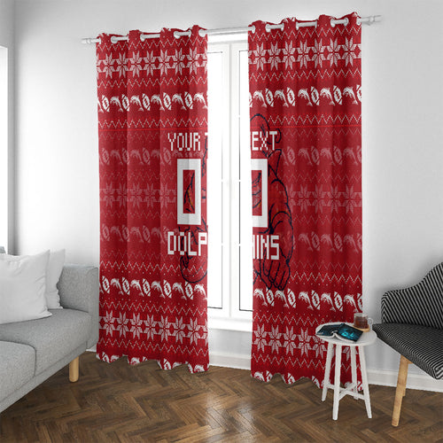Personalized Dolphins Christmas Window Curtain Australian Rugby Fans - Pixelated Ugly Xmas Pattern Mascot Santa