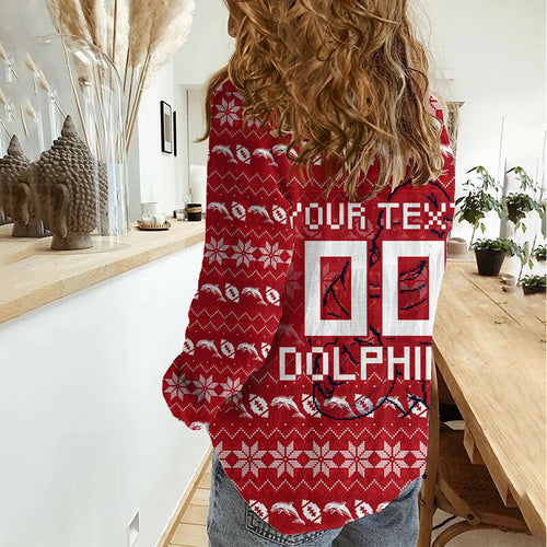 Personalized Dolphins Christmas Women Casual Shirt Australian Rugby Fans - Pixelated Ugly Xmas Pattern Mascot Santa