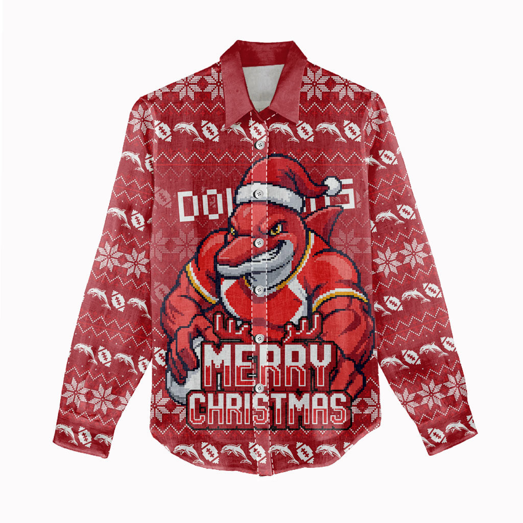 Personalized Dolphins Christmas Women Casual Shirt Australian Rugby Fans - Pixelated Ugly Xmas Pattern Mascot Santa