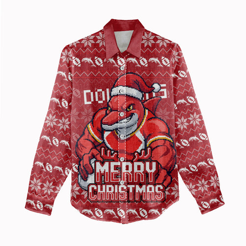 Personalized Dolphins Christmas Women Casual Shirt Australian Rugby Fans - Pixelated Ugly Xmas Pattern Mascot Santa
