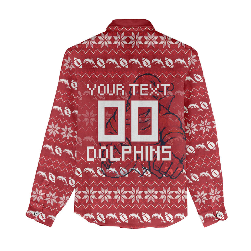 Personalized Dolphins Christmas Women Casual Shirt Australian Rugby Fans - Pixelated Ugly Xmas Pattern Mascot Santa