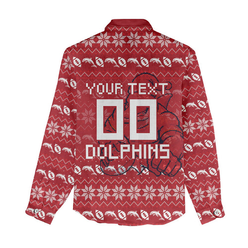 Personalized Dolphins Christmas Women Casual Shirt Australian Rugby Fans - Pixelated Ugly Xmas Pattern Mascot Santa