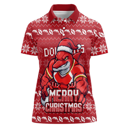 Personalized Dolphins Christmas Women Polo Shirt Australian Rugby Fans - Pixelated Ugly Xmas Pattern Mascot Santa