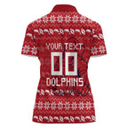 Personalized Dolphins Christmas Women Polo Shirt Australian Rugby Fans - Pixelated Ugly Xmas Pattern Mascot Santa
