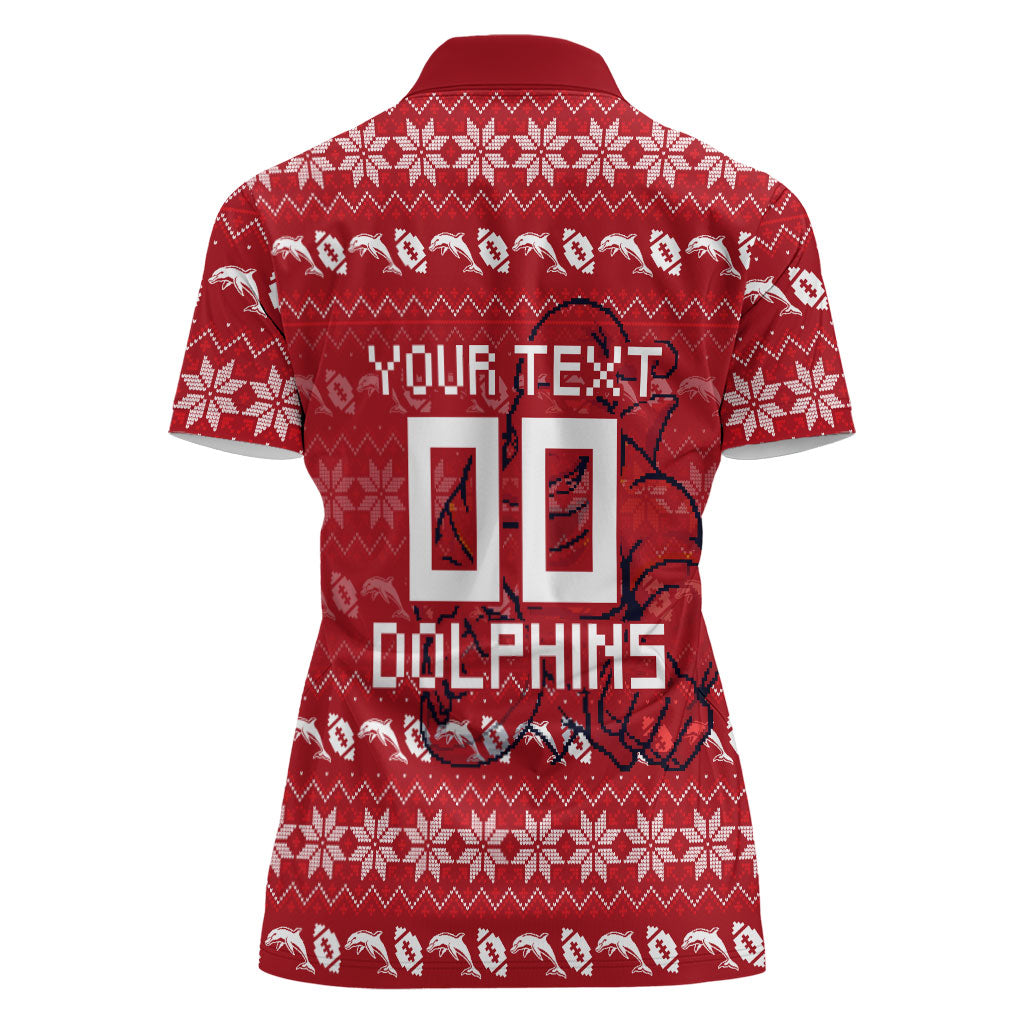 Personalized Dolphins Christmas Women Polo Shirt Australian Rugby Fans - Pixelated Ugly Xmas Pattern Mascot Santa