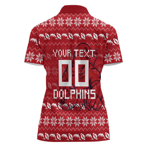 Personalized Dolphins Christmas Women Polo Shirt Australian Rugby Fans - Pixelated Ugly Xmas Pattern Mascot Santa