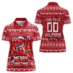 Personalized Dolphins Christmas Women Polo Shirt Australian Rugby Fans - Pixelated Ugly Xmas Pattern Mascot Santa