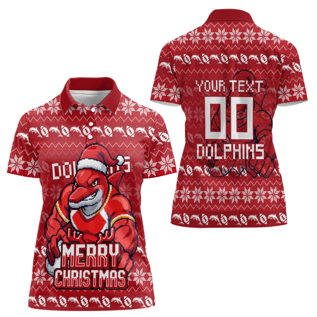 Personalized Dolphins Christmas Women Polo Shirt Australian Rugby Fans - Pixelated Ugly Xmas Pattern Mascot Santa