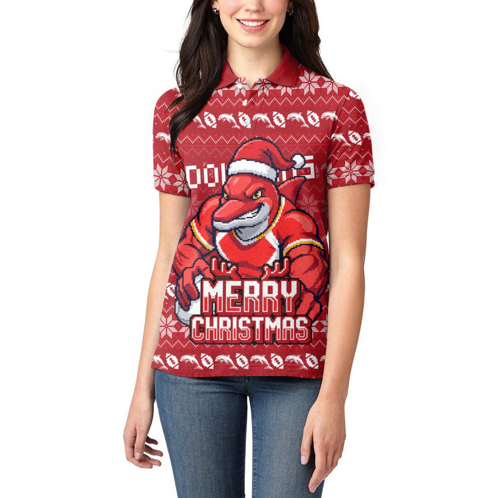 Personalized Dolphins Christmas Women Polo Shirt Australian Rugby Fans - Pixelated Ugly Xmas Pattern Mascot Santa