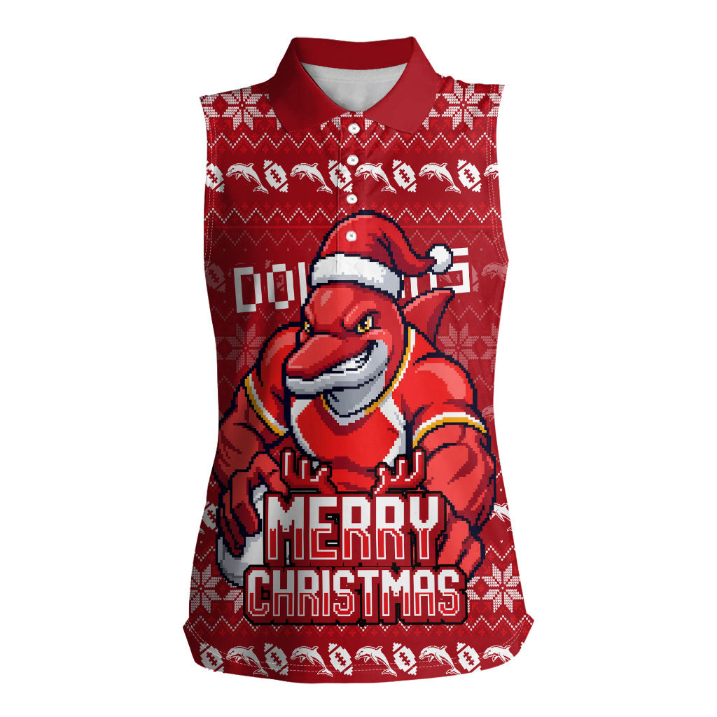 Personalized Dolphins Christmas Women Sleeveless Polo Shirt Australian Rugby Fans - Pixelated Ugly Xmas Pattern Mascot Santa