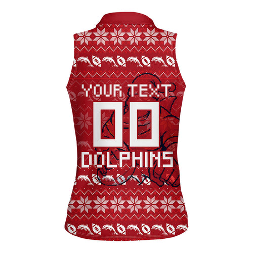 Personalized Dolphins Christmas Women Sleeveless Polo Shirt Australian Rugby Fans - Pixelated Ugly Xmas Pattern Mascot Santa