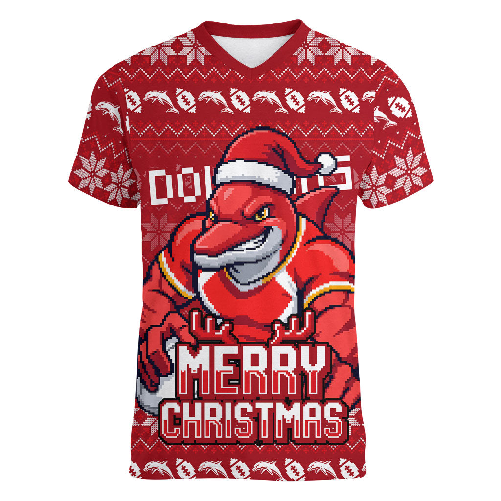 Personalized Dolphins Christmas Women V-Neck T-Shirt Australian Rugby Fans - Pixelated Ugly Xmas Pattern Mascot Santa