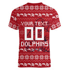 Personalized Dolphins Christmas Women V-Neck T-Shirt Australian Rugby Fans - Pixelated Ugly Xmas Pattern Mascot Santa